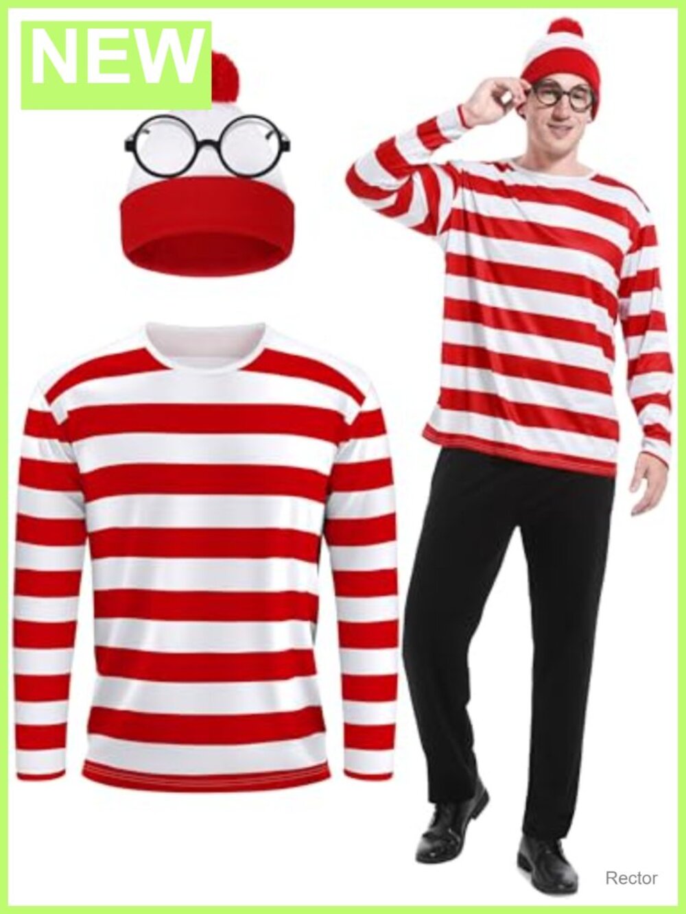 Men Striped Halloween Costume Set Shirt Hat Glasses Cosplay